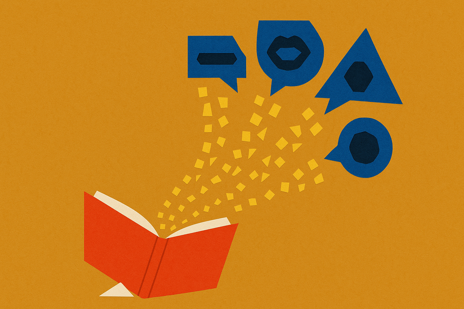 Editorial paper-collage illustration: a vermilion-red open book center-frame with four chrome-yellow streams of paper fragments rising and flowing toward four distinct cobalt-blue cubist mouth shapes arranged in a fan to the upper right. Visual metaphor for one source page being cited verbatim across ChatGPT, Gemini, Perplexity, and Claude.