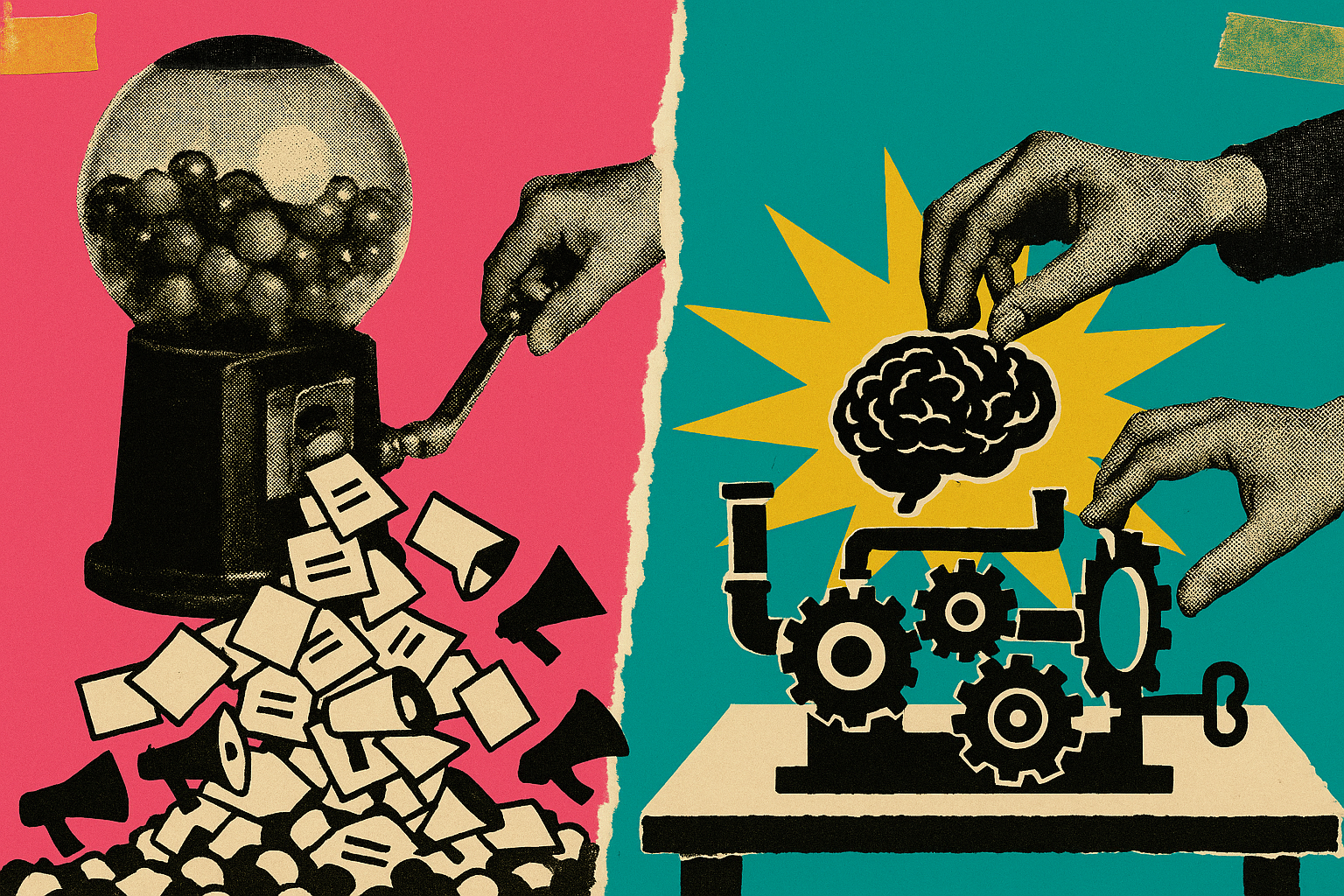 Pop art propaganda collage illustrating: AI Marketing Agency vs. Marketing Engineering Agency: What's the Difference?