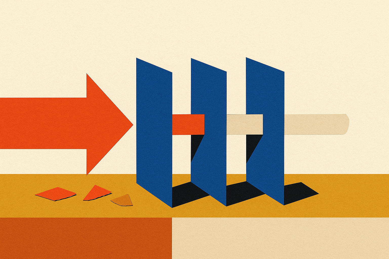 Editorial paper-collage hero illustration: a sharp vermilion arrow passes through three upright cobalt gates and emerges as a pale, soft-edged bar, with the shaved slivers falling as scraps below