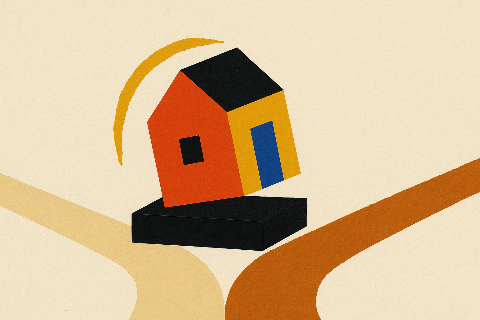 A paper-collage house rotating on a foundation slab that stays fixed, its front door swinging from one road toward another