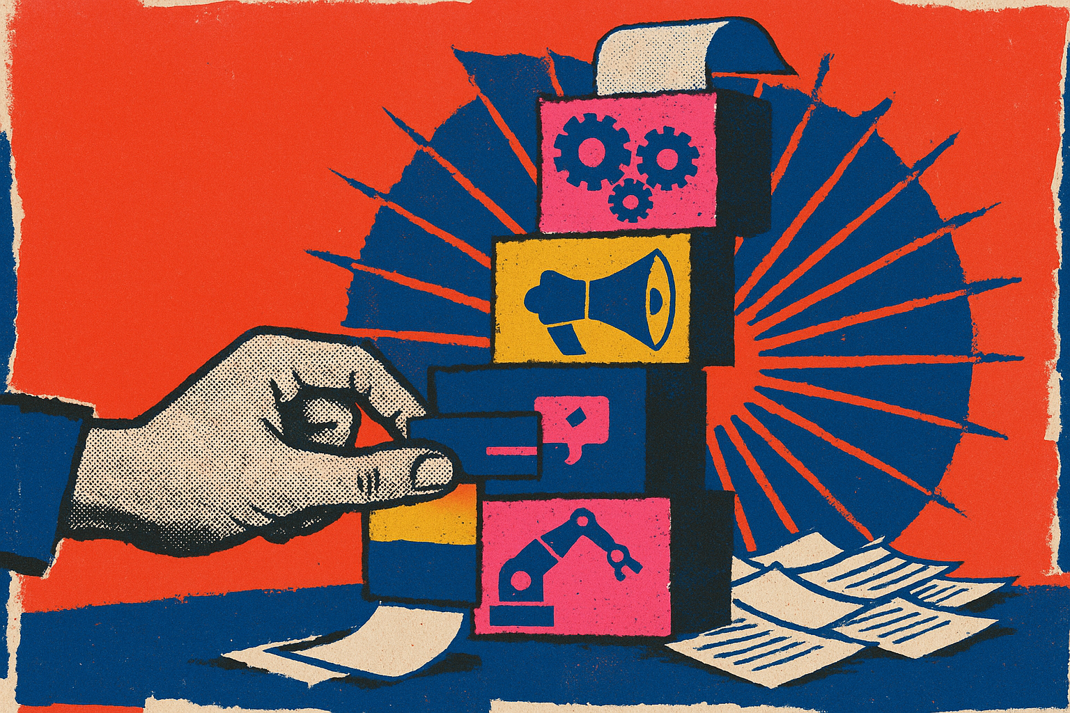Pop art propaganda collage: a tall cut-paper machine built from five stacked layers, each a different color, fed at the top by a single paper scroll, with a big halftone hand choosing one layer to inspect