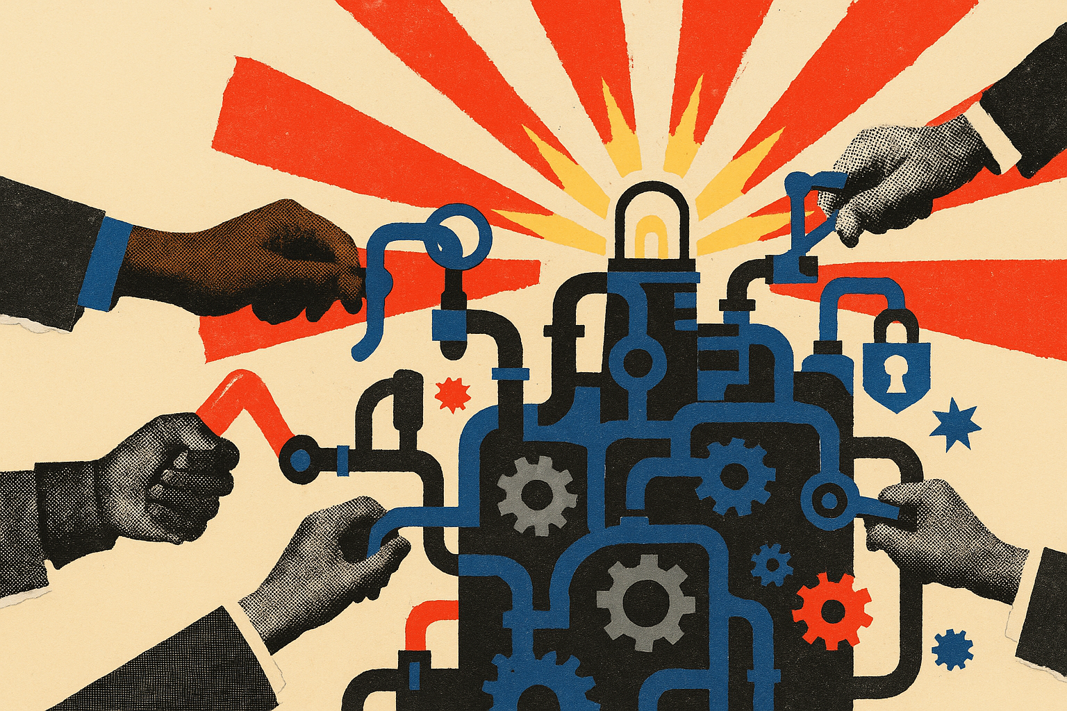 Pop art propaganda collage: a towering enterprise machine of gears and pipes worked by many hands from different directions, all routed through one glowing beacon at its center