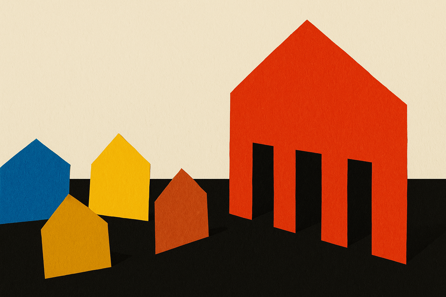 Paper collage: one large red house with three doorways cut into a single facade, beside four small mismatched houses with no doors.