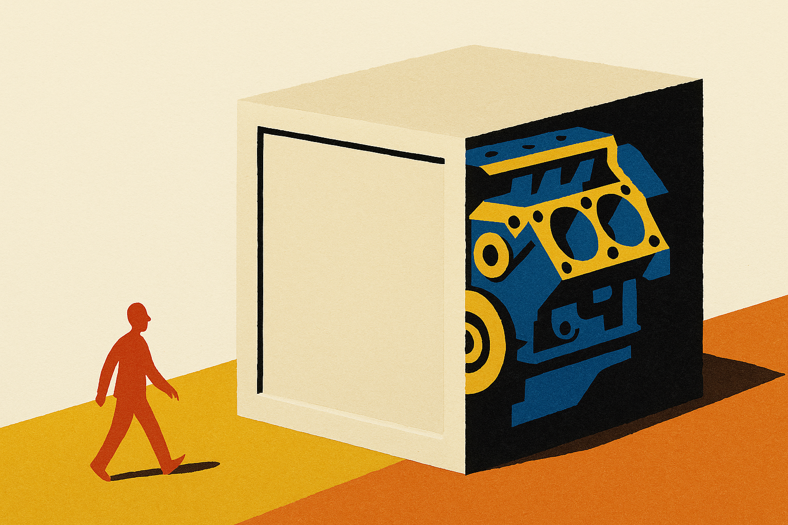 A cut-paper illustration of a sealed crate whose blank face is turned toward a passing figure, while the intricate engine inside is visible only from the other side.