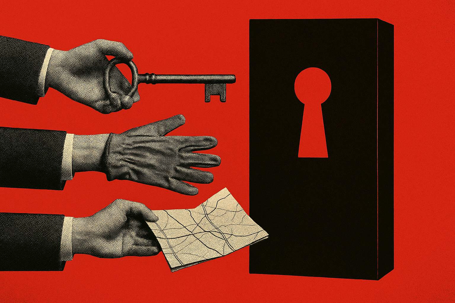 Three hands reach in from the left toward a tall dark door with an oversized keyhole cut into it. The first hand holds a large key, the second a work glove, the third a folded map. Only the key matches the lock.