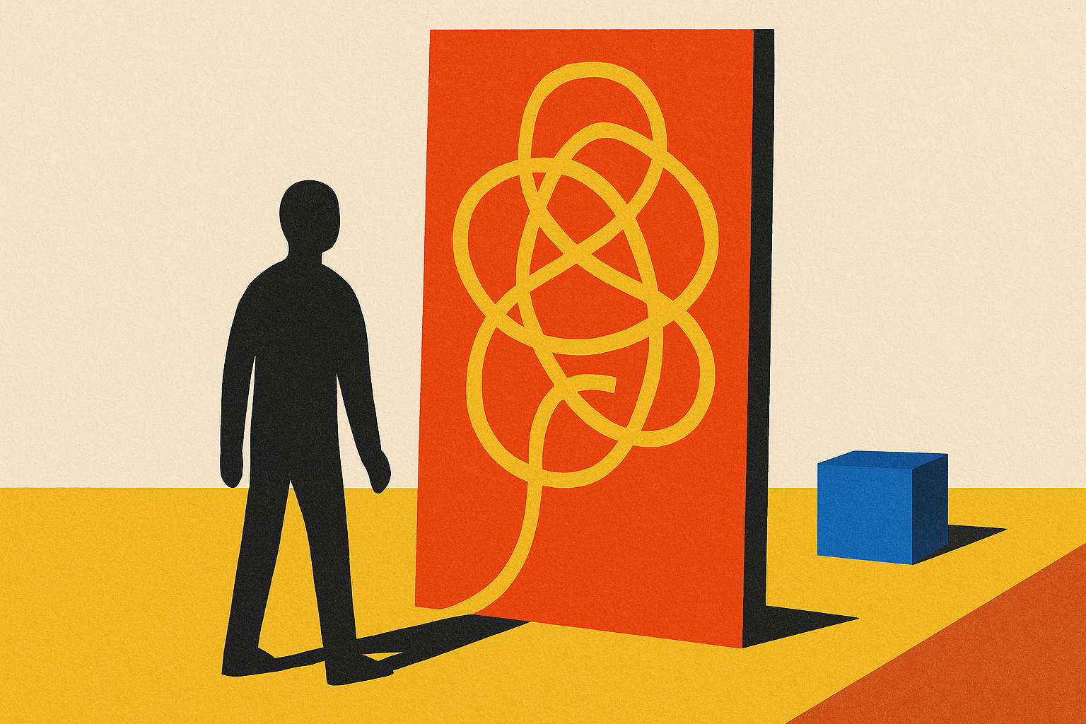 Paper collage of a buyer recognizing their own reflection in a mirror held up ahead of a product box