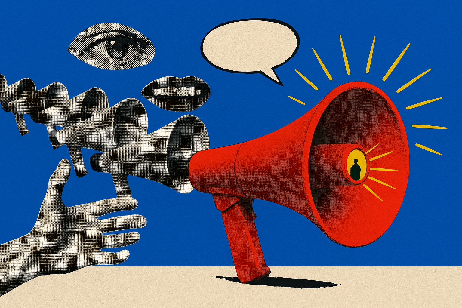 Paper collage of identical grey megaphones with one vermilion megaphone turned toward the viewer