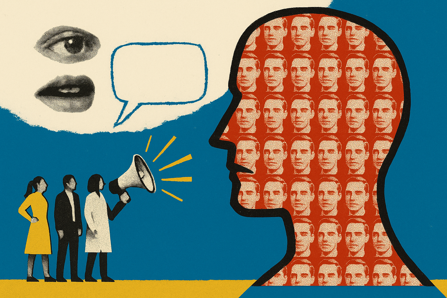 A halftone collage: an oversized head in profile filled edge to edge with the same repeated face, while a small crowd of different people stands outside it calling in through a megaphone.