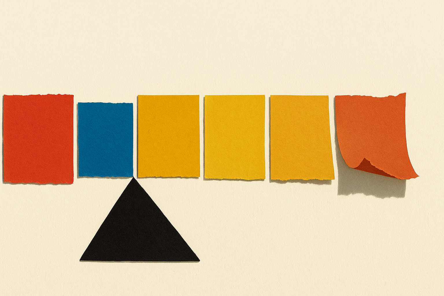 A paper-collage calendar bar of six colored phase segments, the thin second segment held up by a heavy black keystone while later segments buckle
