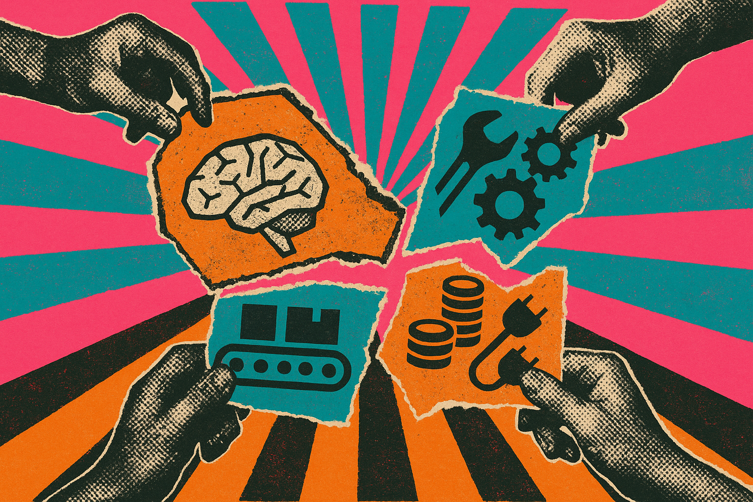 Pop art propaganda collage of a price tag being pulled apart into four pieces