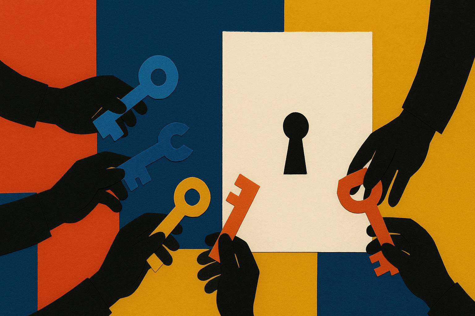 A paper-collage conference table where five different hands each offer a differently shaped key to one empty keyhole