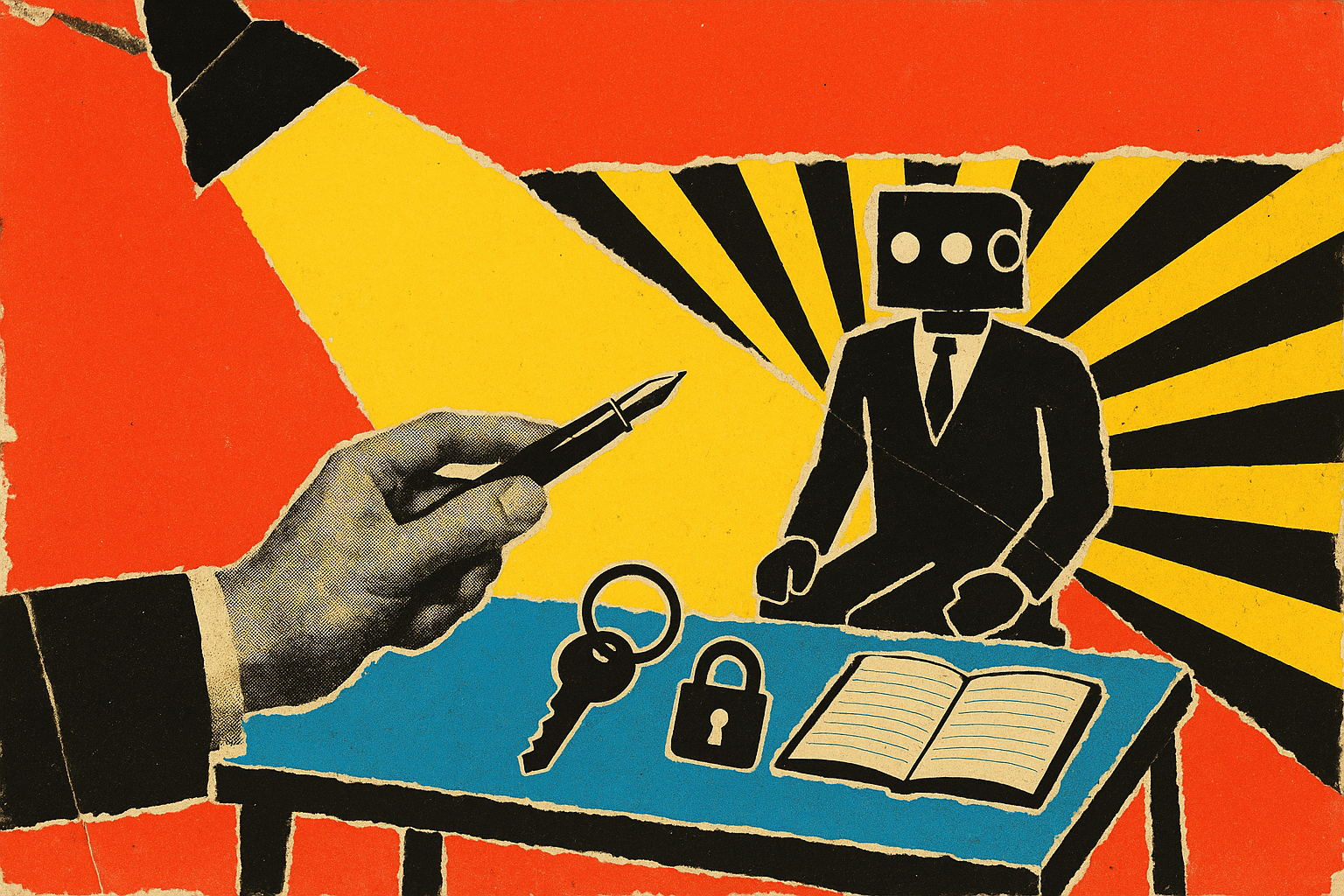Pop art propaganda collage of a spotlight interrogating a robot at a table