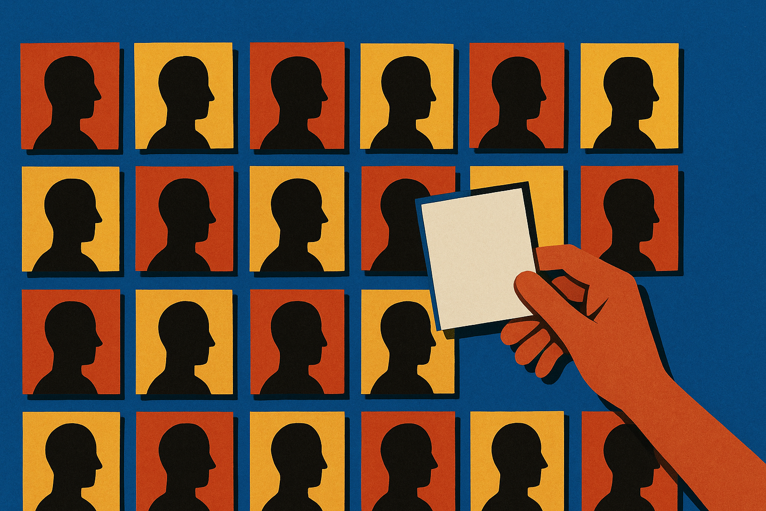 A paper-collage grid of identical framed cards, each stamped with the same blank silhouette, with one card pulled forward to reveal a blank back