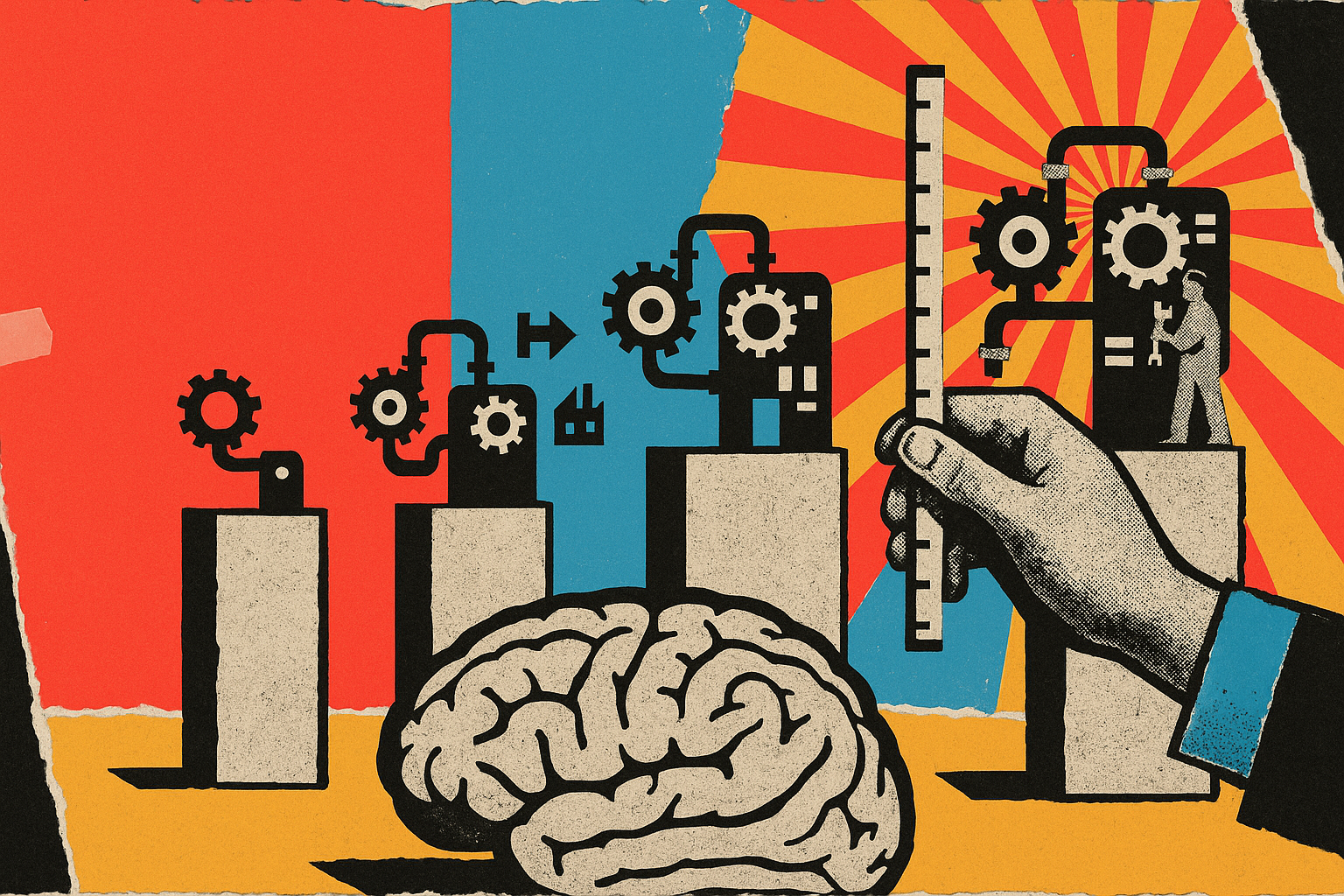Pop art propaganda collage: three stone plinths of rising height stand on one glowing brain-shaped foundation stone, each holding a larger working machine, while a giant halftone hand holds a measuring rod beside them