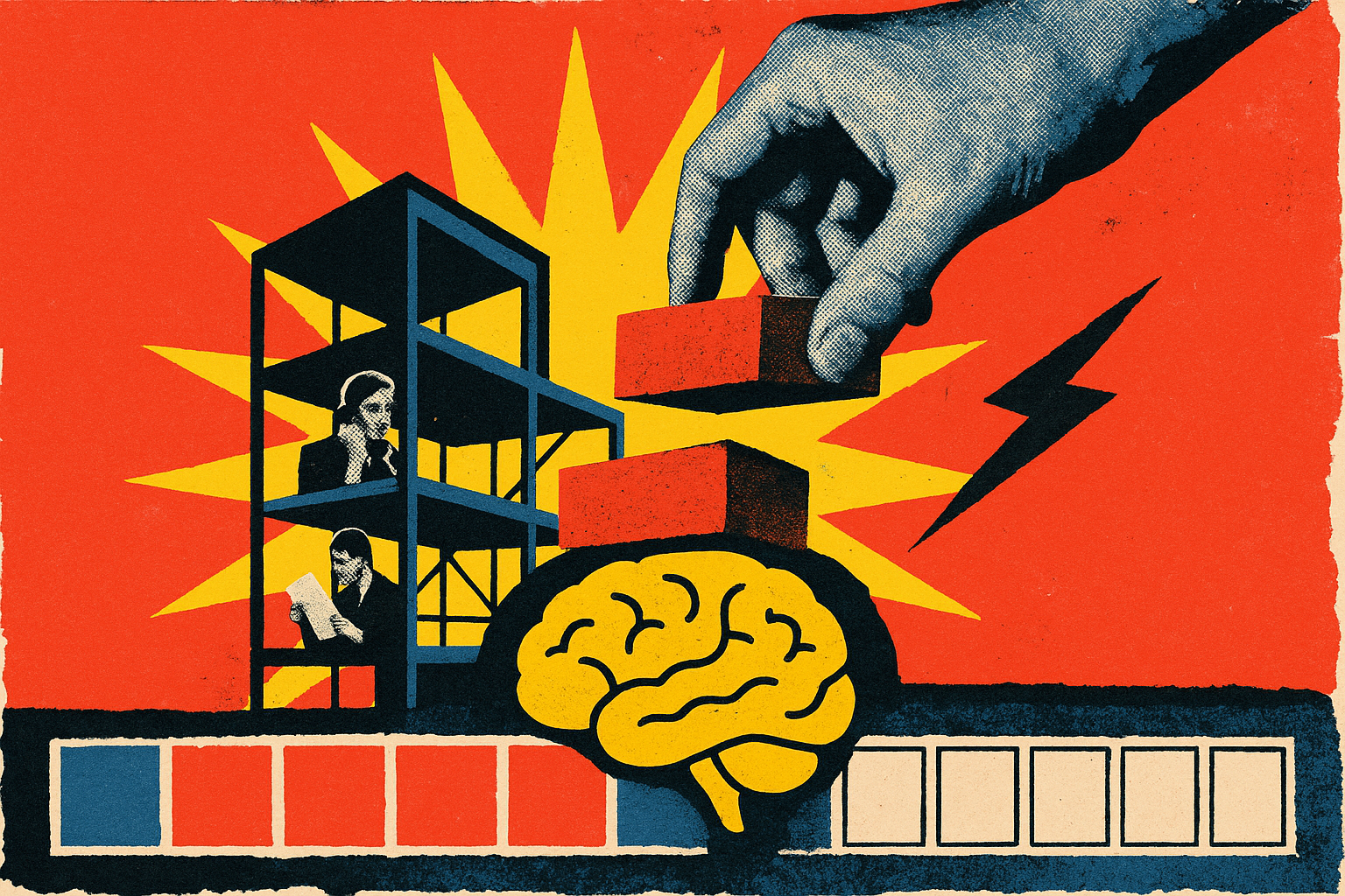 Pop art propaganda collage: a giant halftone hand lays the first brick of a cutaway building, a glowing brain-shaped foundation stone at its base, with a calendar strip of thirteen blank squares running across the bottom