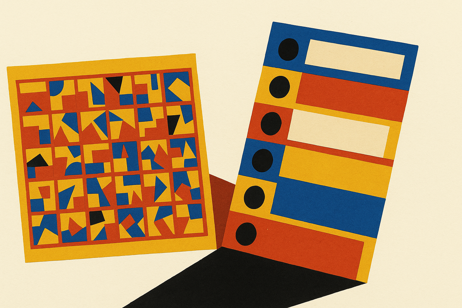A large cut-paper calendar grid crowded with small busy shapes, beside a much smaller sheet holding six solid blocks, each marked with one bold dot. The small sheet casts the larger shadow.