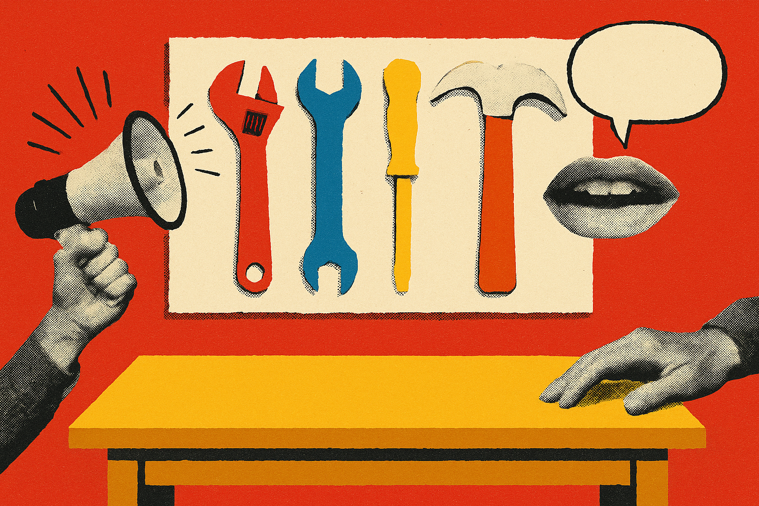 Paper-collage hero illustration: five differently shaped cobalt and vermilion tools mounted in a row above a single empty ochre workbench, each tool casting a shadow onto the bare surface