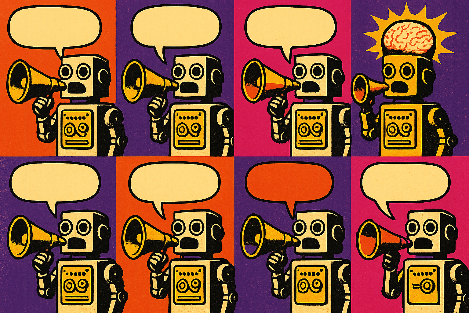 Pop art grid of eight identical retro robots shouting the same blank speech bubble through megaphones; only one robot has a glowing brain.