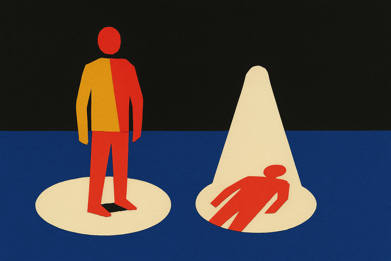 Paper collage of two spotlights on a blue floor: a whole standing figure lit in one, a collapsed figure in the other.
