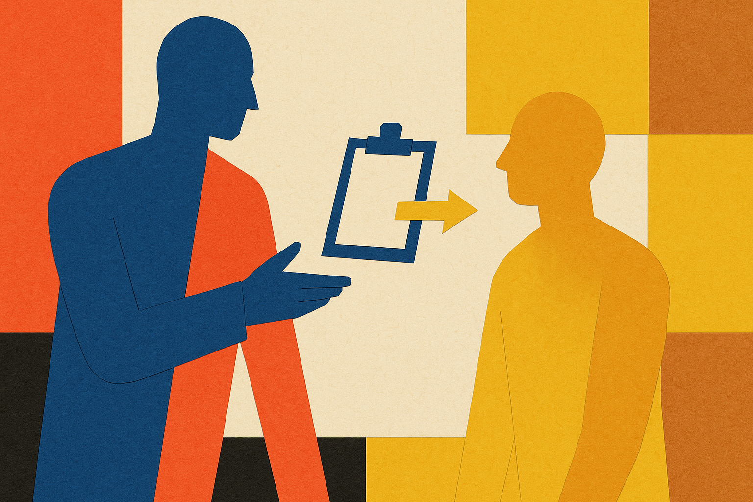 Paper-collage illustration for: Treat AI like a new hire