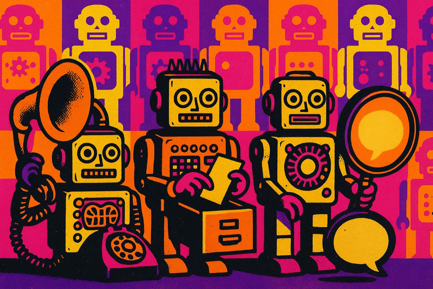 Pop art of three retro toy robots: one listens to a telephone through an ear trumpet, one pulls a letter from a filing cabinet, one inspects a speech bubble with a magnifying glass.