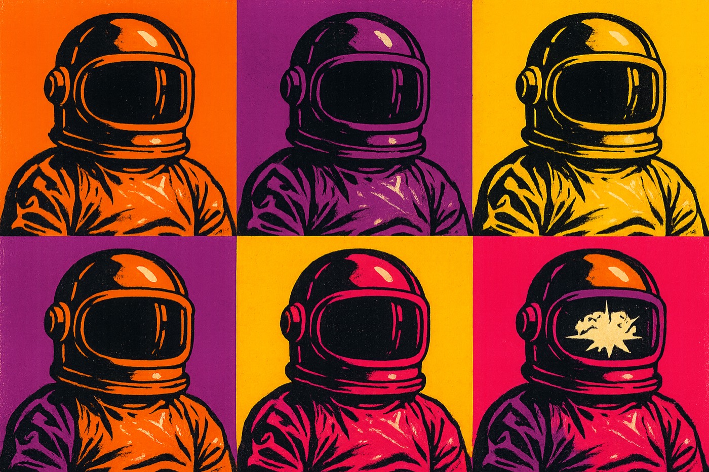 Pop art grid of six identical empty space suits in orange, violet, yellow and magenta; only one helmet has a spark inside.