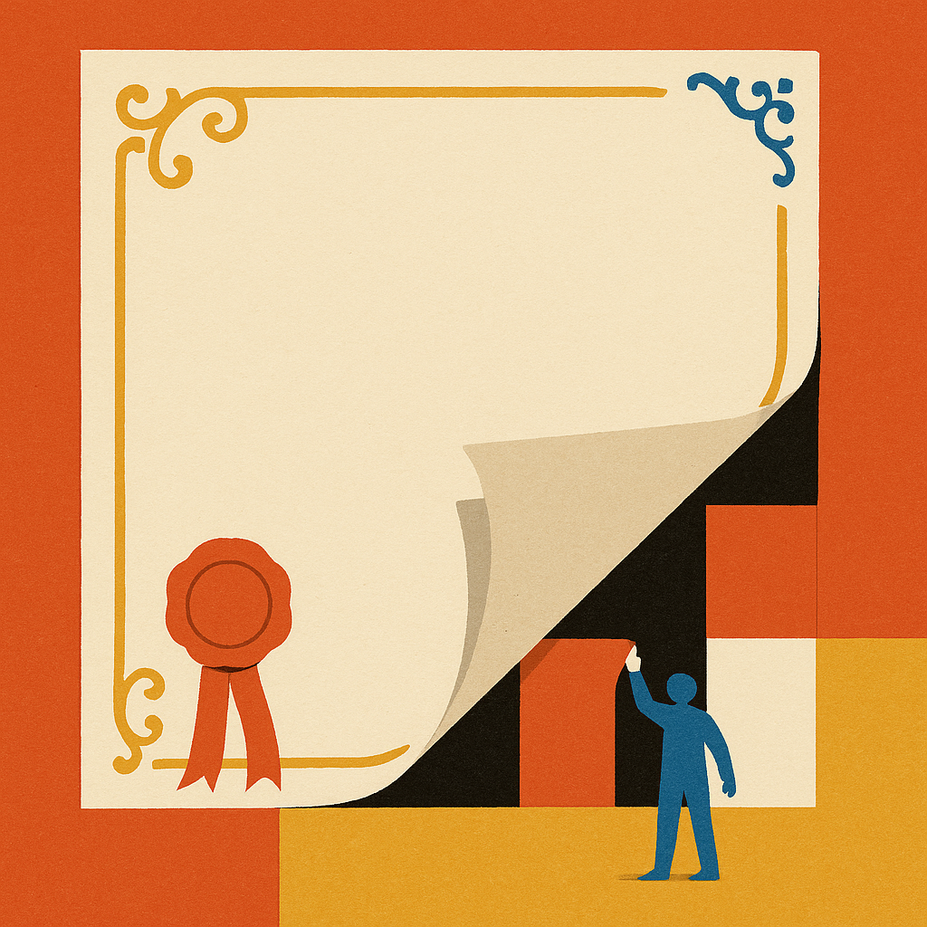 Paper-collage illustration: an ornate ceremonial document peeled back at the corner to reveal a stark, blunt one underneath, with a small figure lifting the corner to look.