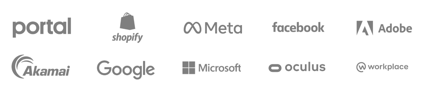 Quantious client experience: Portal, Shopify, Meta, Facebook, Adobe, Akamai, Google, Microsoft, Oculus and Workplace